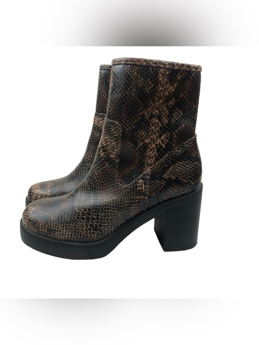 Women’s Brown Snake-Print Block Heel Ankle Boots